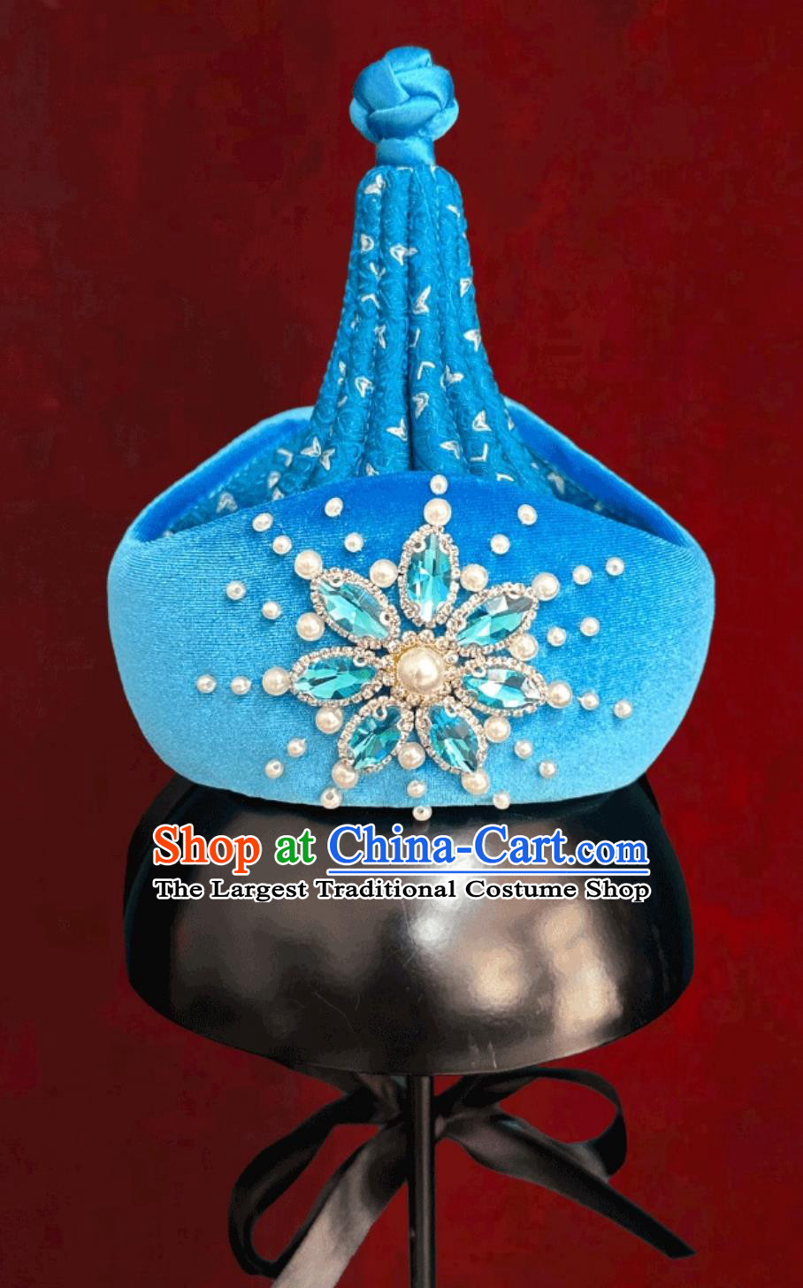 Mongolian Ladies Blue Hat Chinese Ethnic Mongolian Dance Performance Show Headpiece