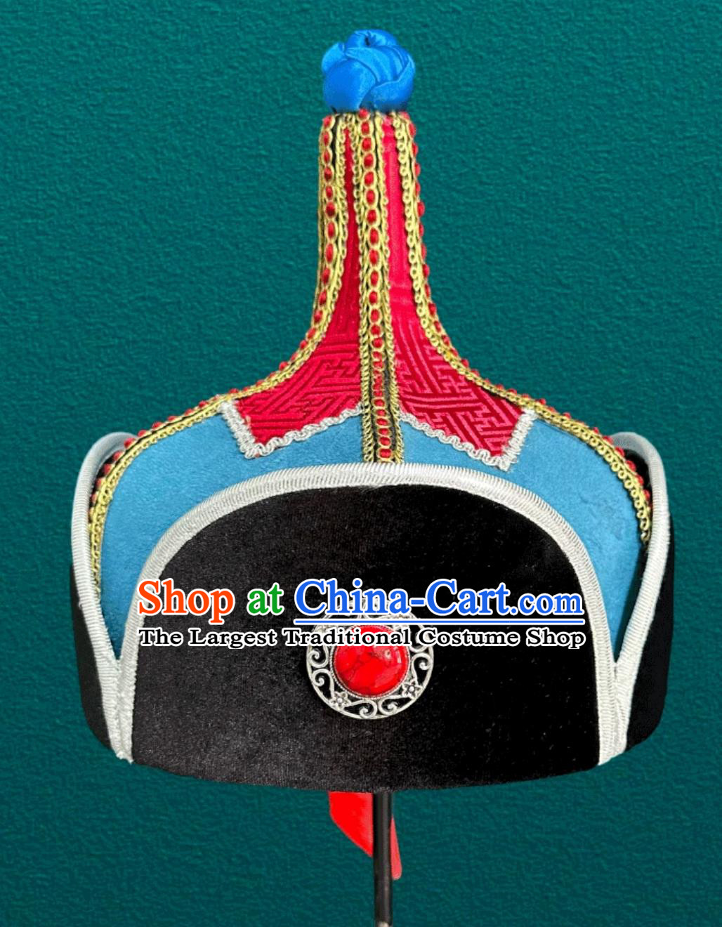 Mongolian Blue Mens Hat Ethnic Dance Performance Headpiece Prince Hat