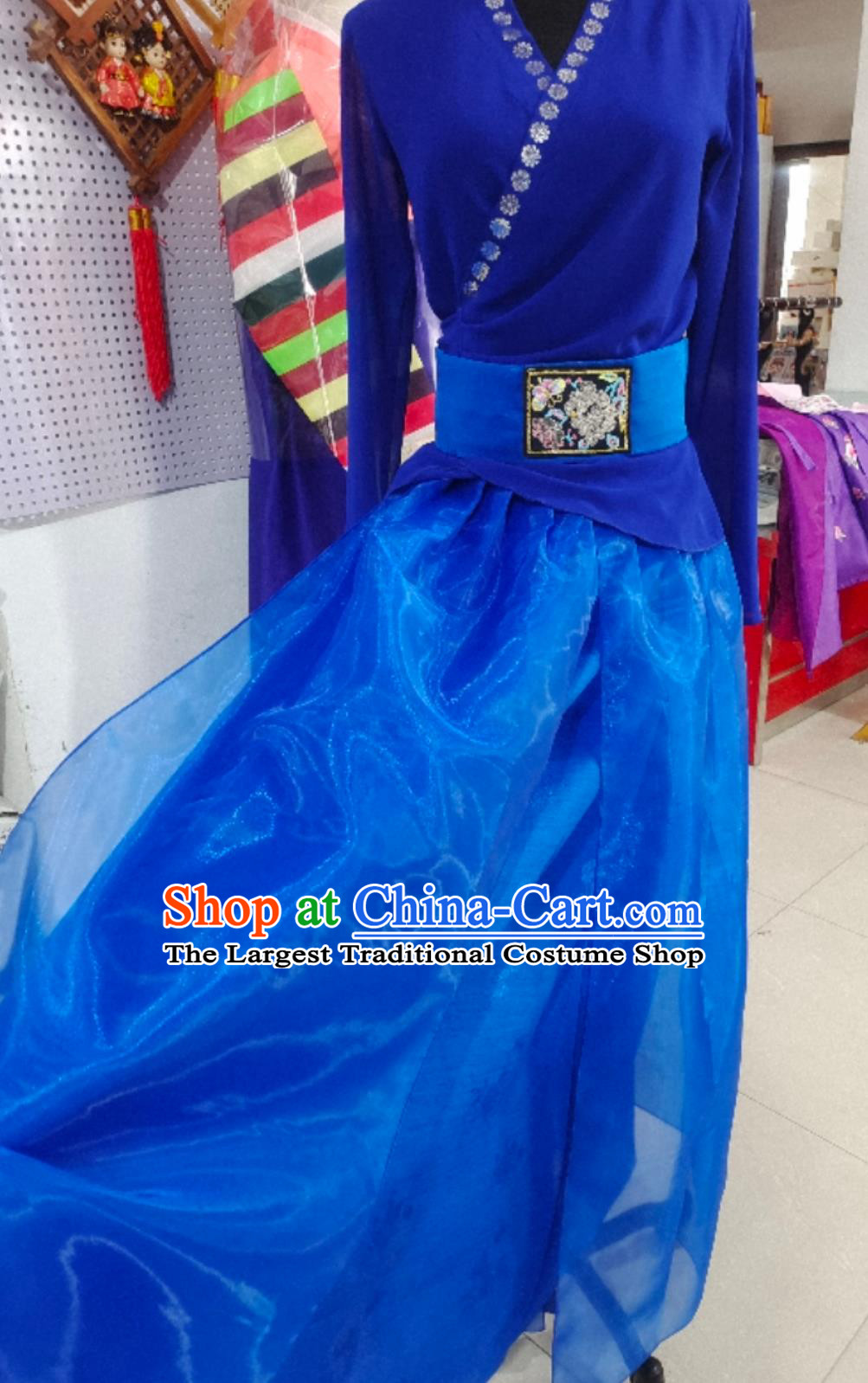 Korean Sword Dance Stage Costume Traditional Performance Attire Chinese Chaoxian Nationality Folk Dance Blue Dress
