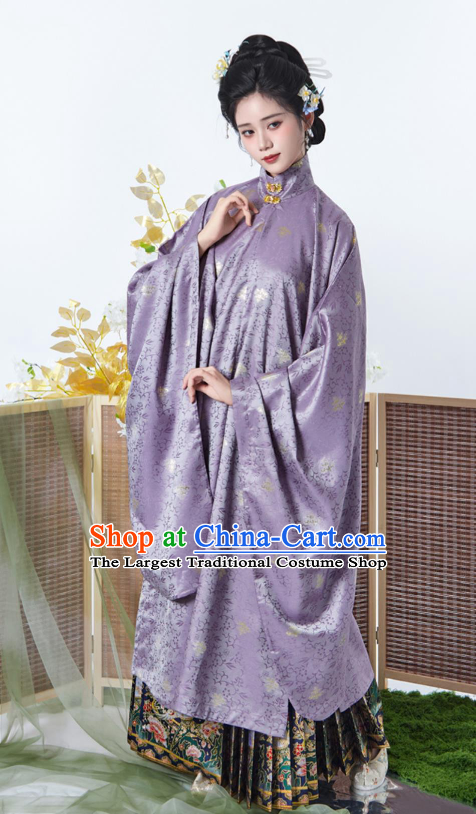 Chinese Ming Dynasty Hanfu Women Standing Collar Wide Sleeve Long Gown and Brocade Horse Face Skirt Complete Set