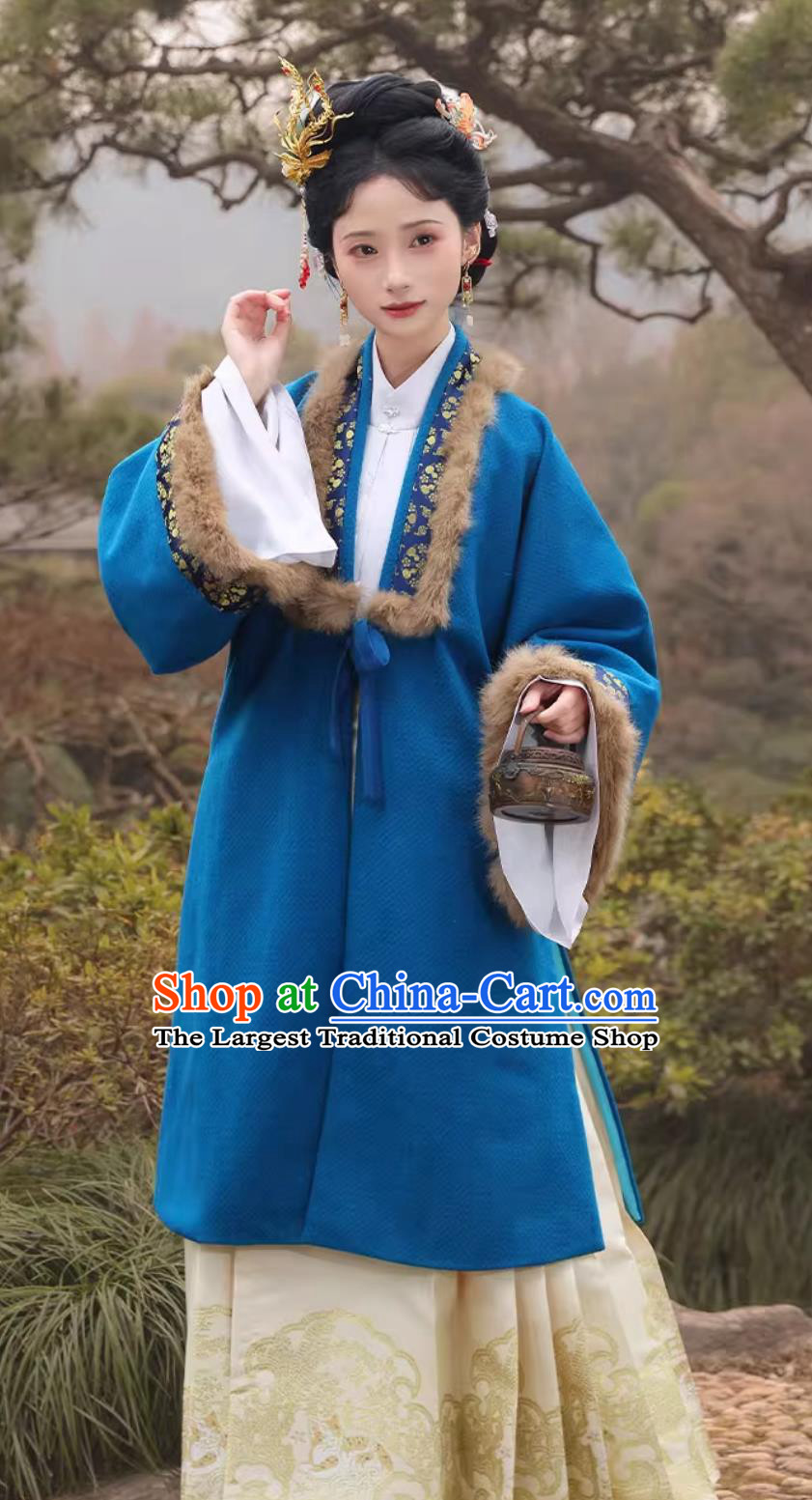 Sapphire Blue Wave Pattern Wool Long Cloak Ming Dynasty Noble Woman Coat Traditional Chinese Costume