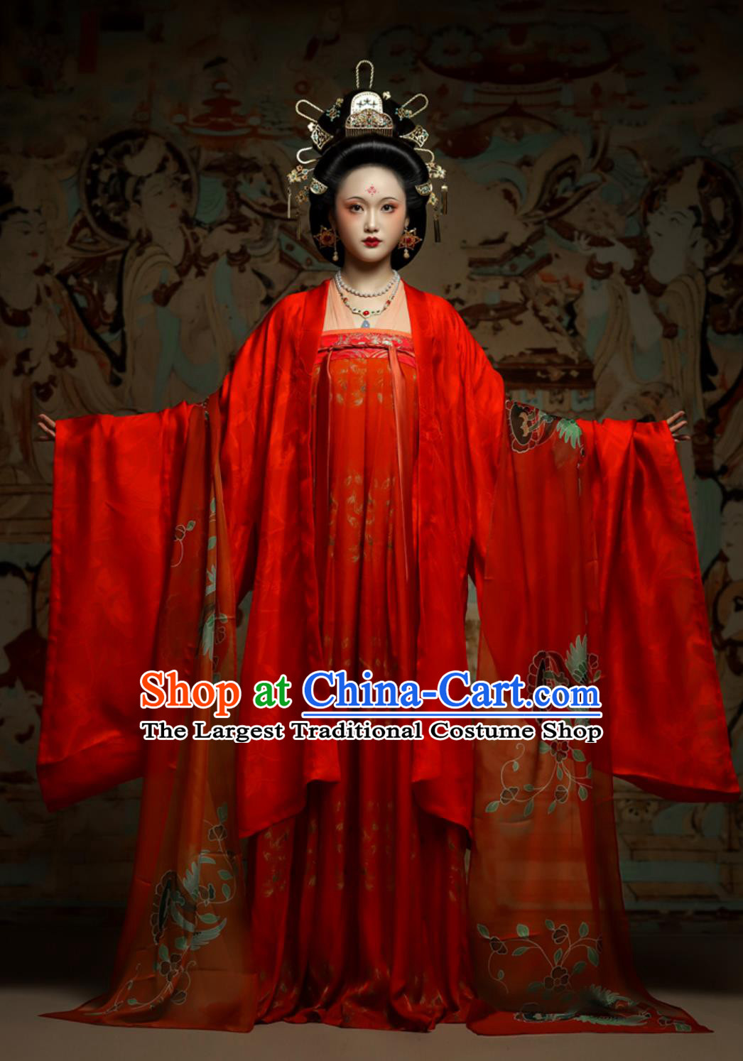 Traditional Chinese Hanfu Tang Dynasty Wedding Red Silk Wide Sleeve Cloak High Waisted Ruqun Complete Set