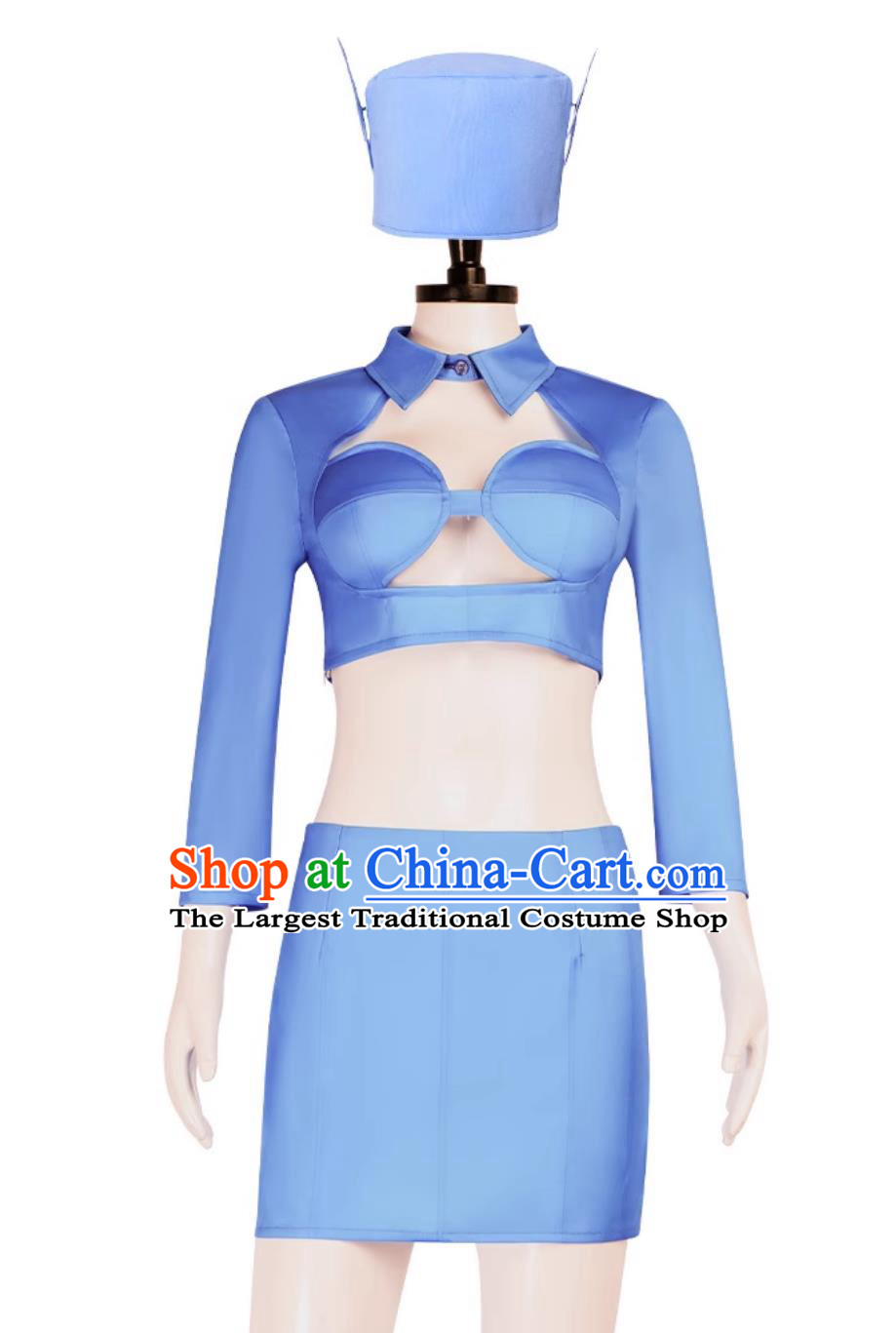 Halloween Blue Vintage Stewardess Cosplay Stage Performance Costume