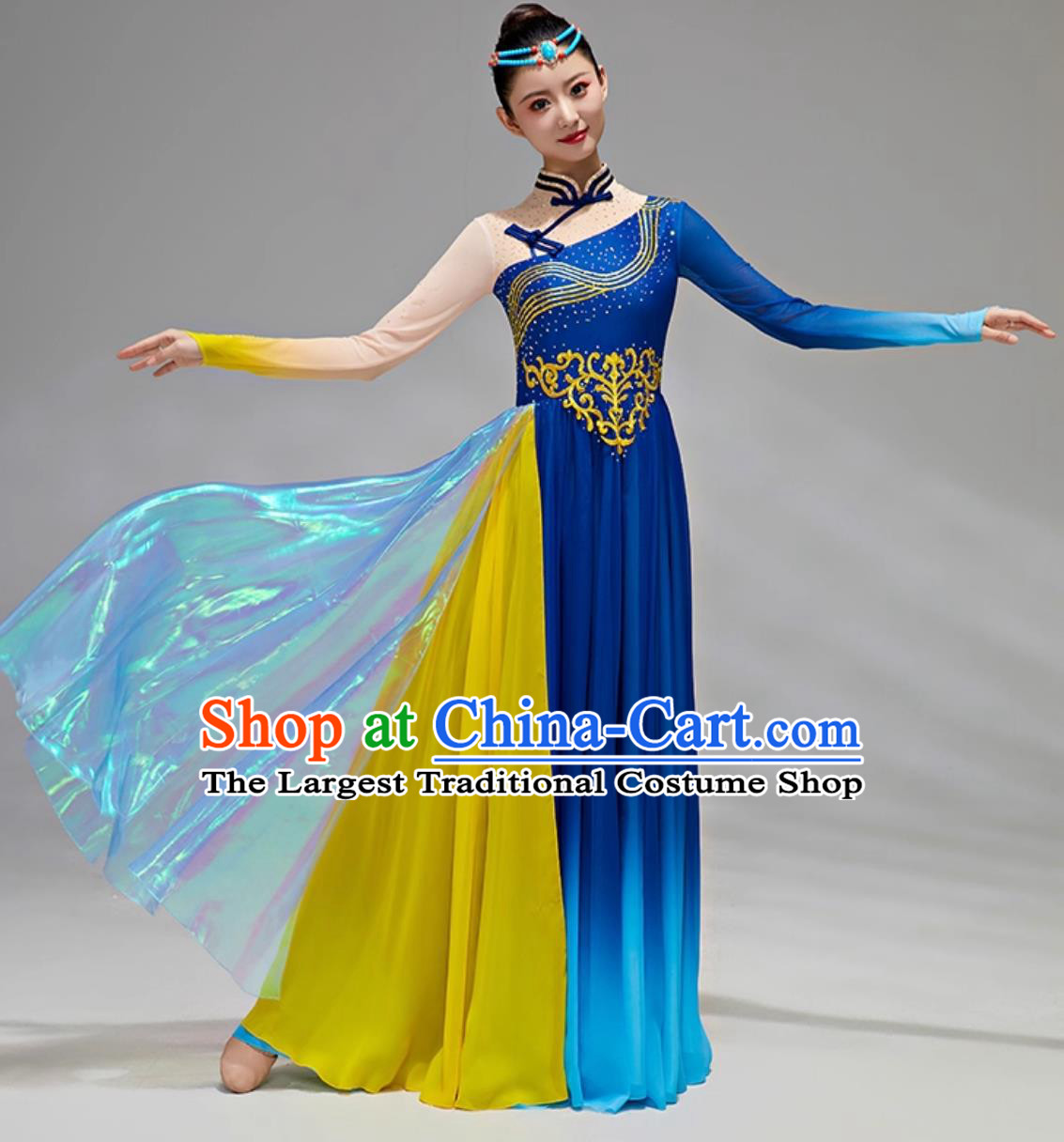 Xinjiang Dance Costume Uyghur Ethnic Dance Performance Outfit Chinese Stage Show Blue Dress