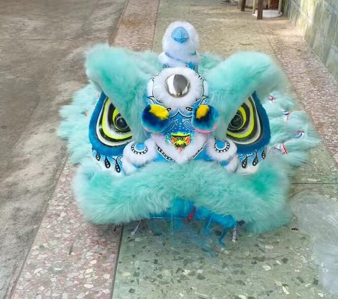 Light Blue Wool Lion Dance Clothing Handmade Chinese Fut San Lion Head and Costume Complete Set