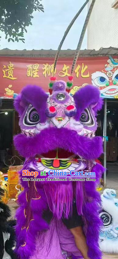 Purple Wool Lion Dance Clothing Handmade Chinese Long Feather Lion Head and Costume Complete Set