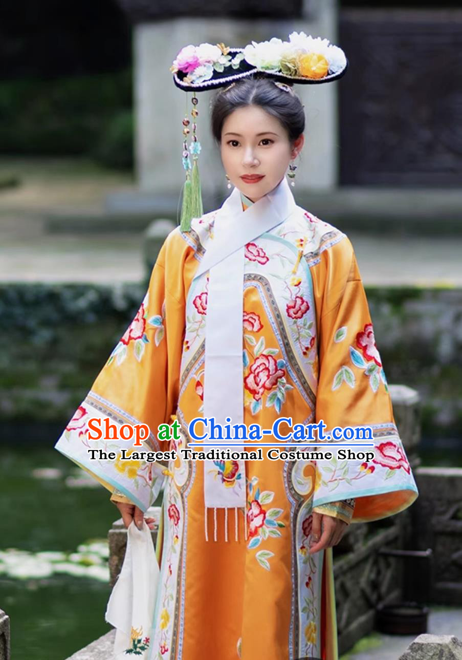 Chinese TV Series Princess Returning Pearl III Xiao Yanzi Orange Dress Qing Dynasty Princess Costume Traditional Manchu Woman Clothing