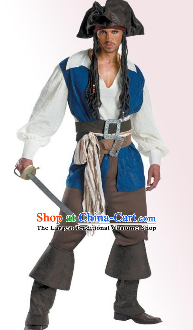 Spanish Pirate Costume Vintage Classic Blue Sailor Marauder Prop Outfit for Men