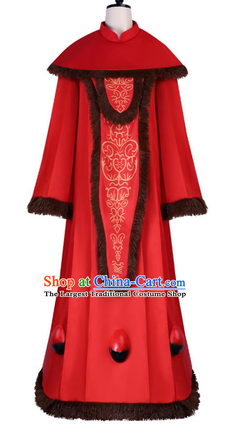 Bright Red Robe Performance Costume Qing Dynasty Empress Style Hooded Faux Fur Trim Winter Gown