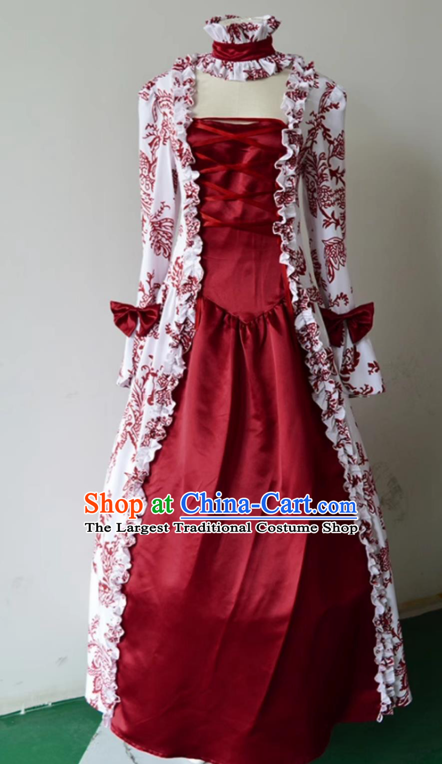 Red Vintage European Court Evening Gown England Long Sleeve Print Full Dress Medieval Stage Performance Costume