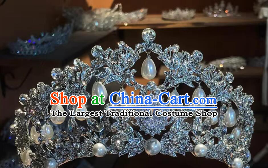 Bride Exquisite Handmade Headpiece Pearl Crown Accessories Wedding Zircon Tiara