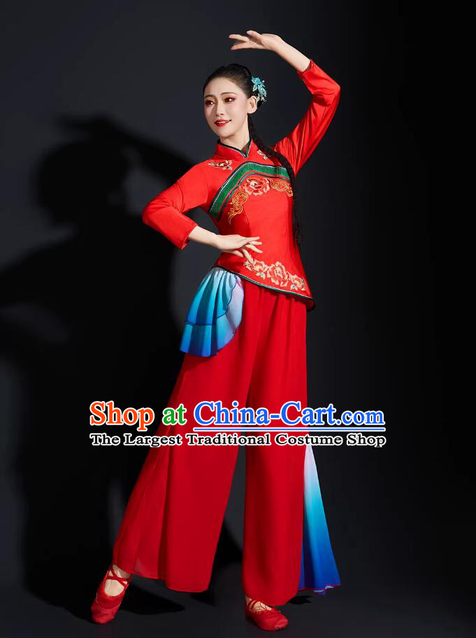 Coral Ode Earth Harvest Celebration Chinese Yangko Dance Red Outfit Fan Dance Costume