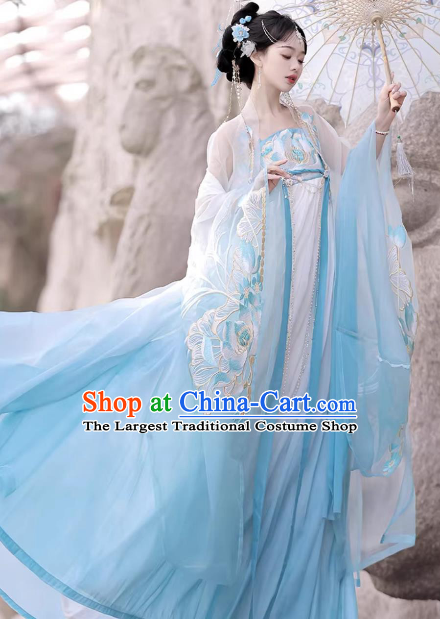 Ancient Chinese Princess Costumes Chinese Tang Dynasty Hanfu Blue Wide Sleeve Cape Hezi Dress Complete Set