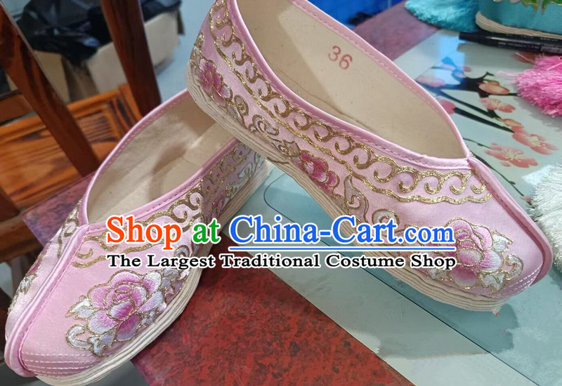 Professional Chinese Peking Opera Colorful Shoes Handmade Hua Tan Shoes Pink Embroidered Shoes