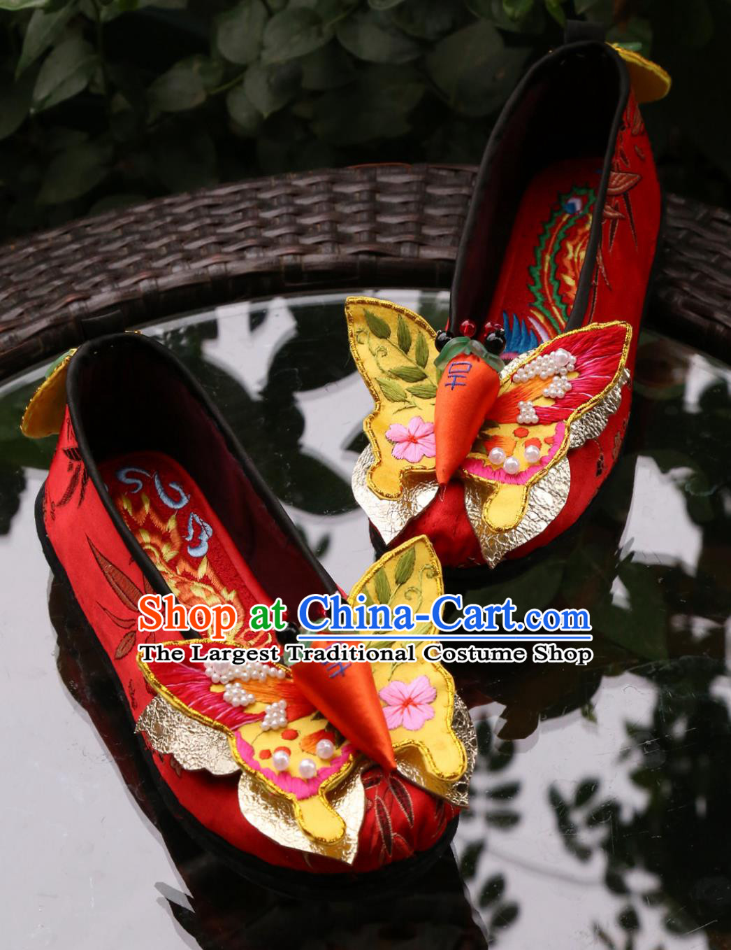 Intangible Cultural Heritage Embroidered Butterfly Wedding Shoes Handmade Chinese Style Red Layered Sole Shoes