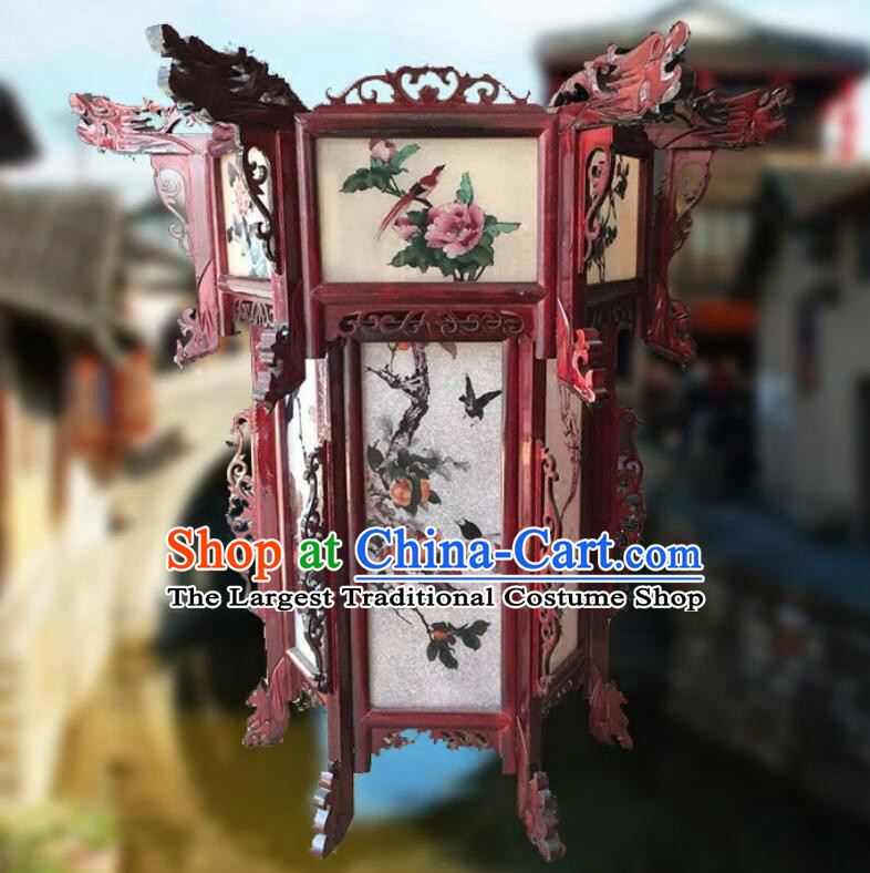Handmade Wood Glass Palace Lantern Flower Bird Landscape Wood Carving Lantern Chinese Retro Hexagonal Lamp