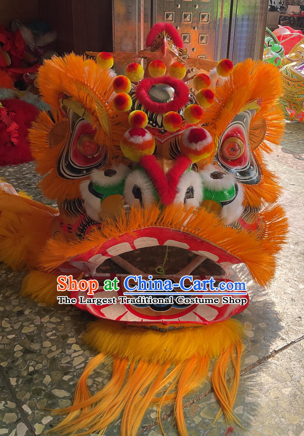 Handmade Eagle Horn Lion Head Traditional Chinese Lion Dance Equipment Golden Hair Tiger Spots Dancing Lion Costume