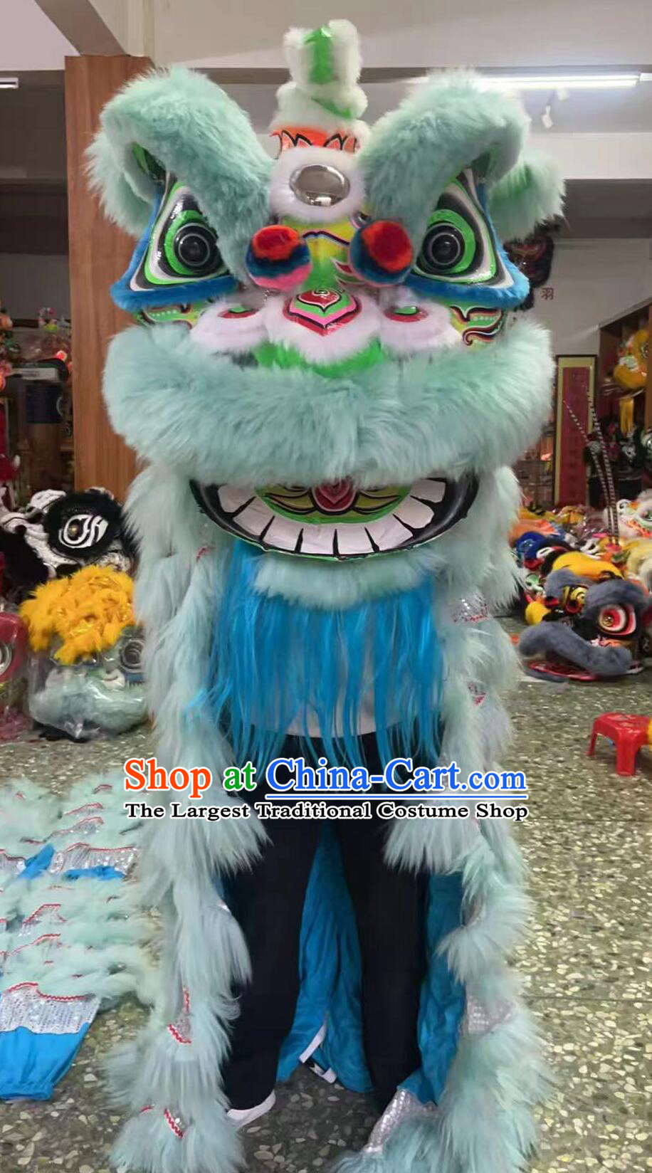 Traditional Chinese Lion Dance Equipment Light Blue Wool Dancing Lion Costume Handmade Hok San Lion Head Complete Set