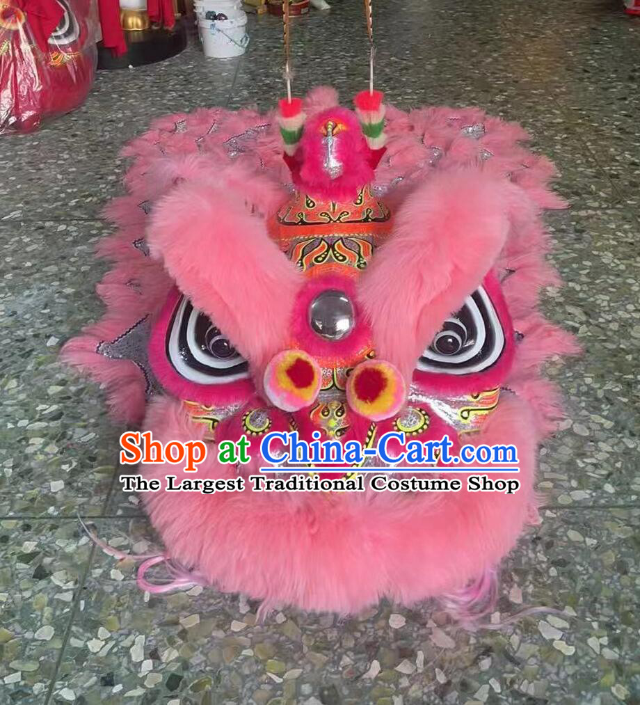 Traditional Chinese Lion Dance Equipment Pink Wool Dancing Lion Costume Handmade Sun Wukong Hok San Lion Head Complete Set