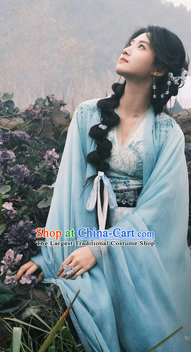 Chinese XianXia Drama Love in the Clouds Cold Warrior Goddess Ming Yi Replica Costume Traditional Blue Hanfu Dress