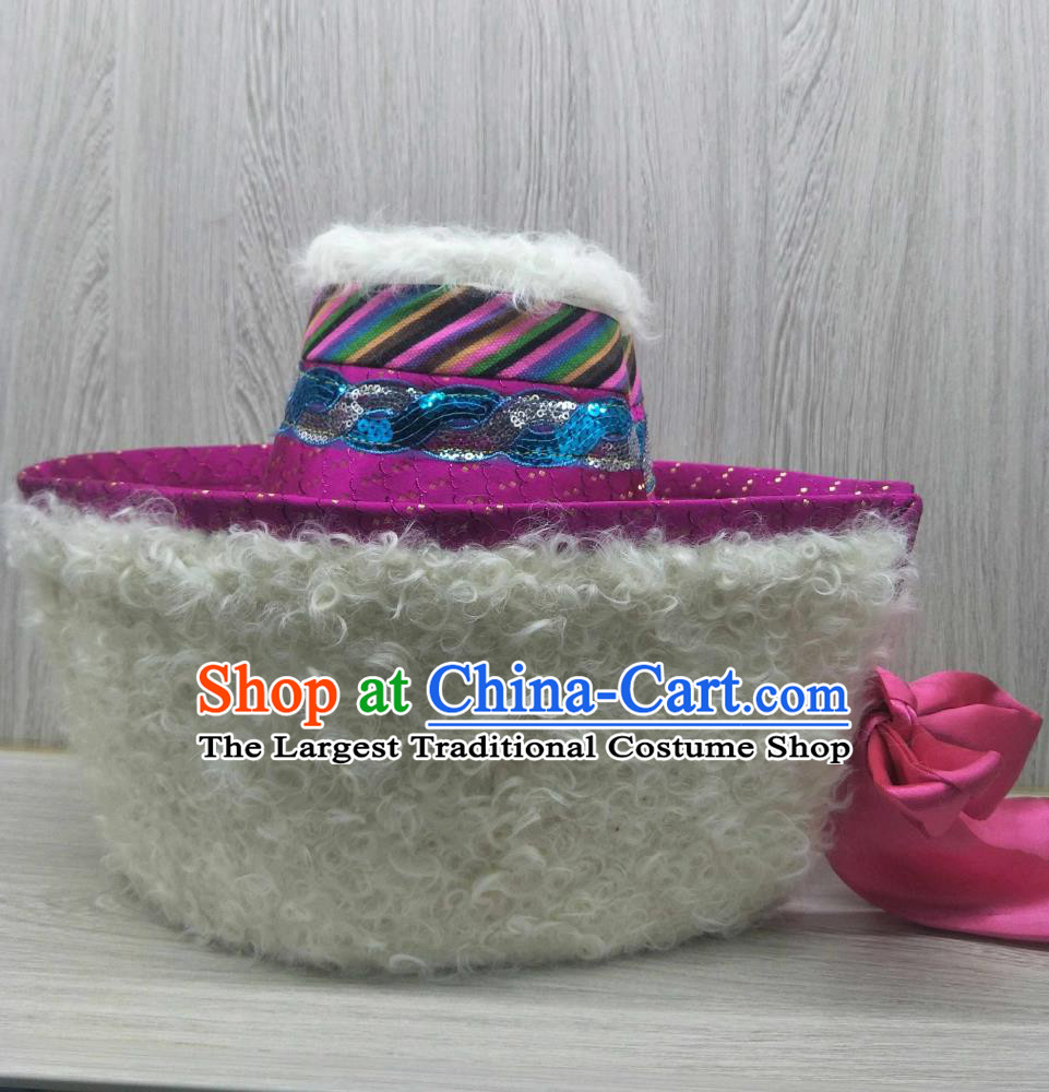 Tibetan Ladies Hat Zang Ethnic Lamb Fur Rose Red Wide Brim Hat