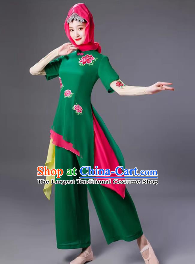 Chinese Hui Ethnic Folk Dance Costume Women Yangko Dance Green Outfit
