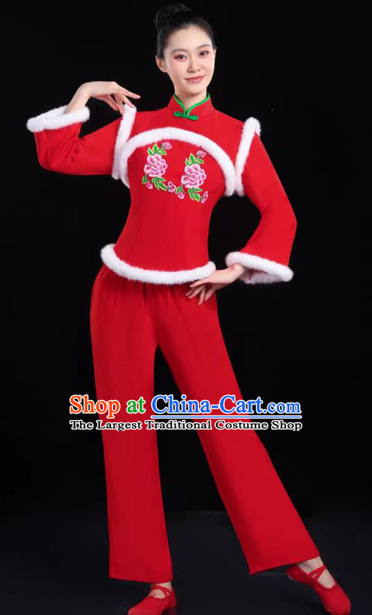 Chinese Yangko Costume Women Red Fleece Lined Fan Dance Performance Outfit
