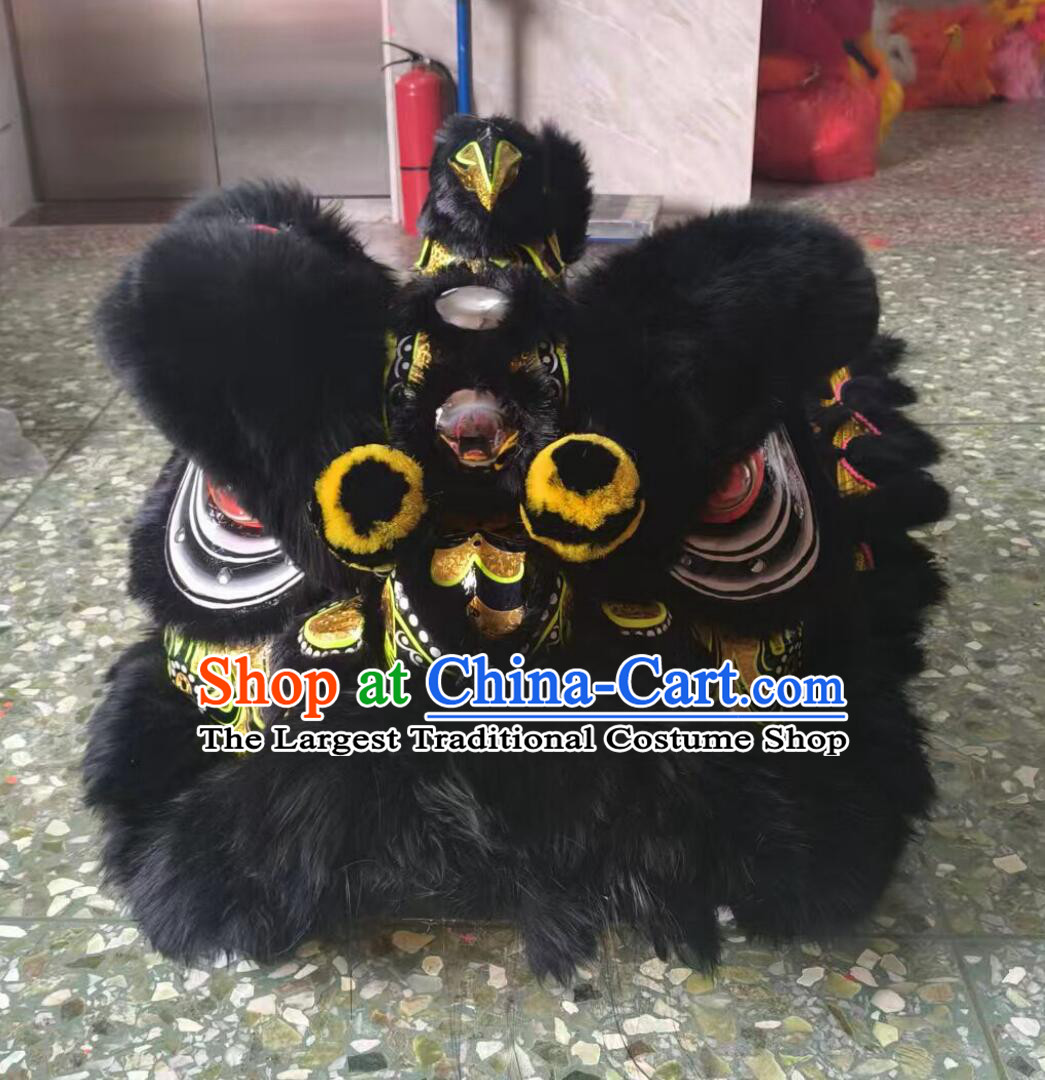 Handmade Laofuzi Lion Head Traditional Chinese Black Wool Lion Dance Costumes Complete Set