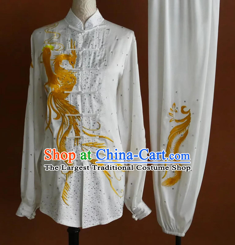 Custom Embroidery Phoenix Tai Chi Competition Costume Ba Duan Jin Performance White Outfit