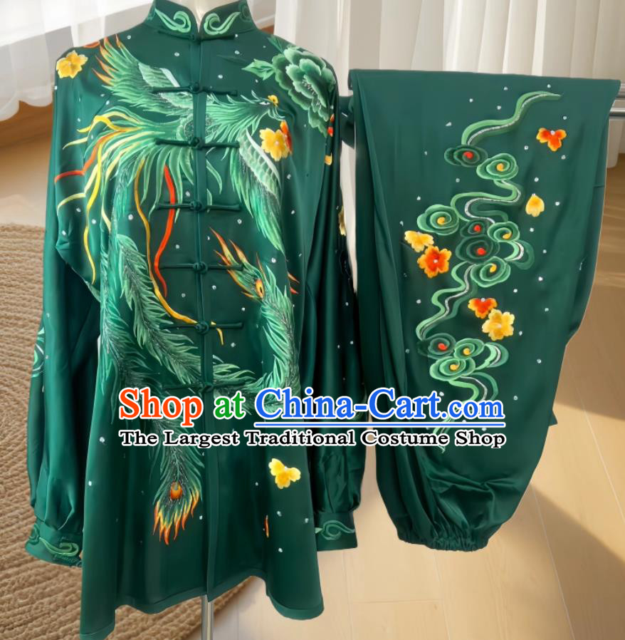 Kung Fu Competition Dark Green Uniform Embroidery Phoenix Tai Chi Suit Martial Arts Performance Costume