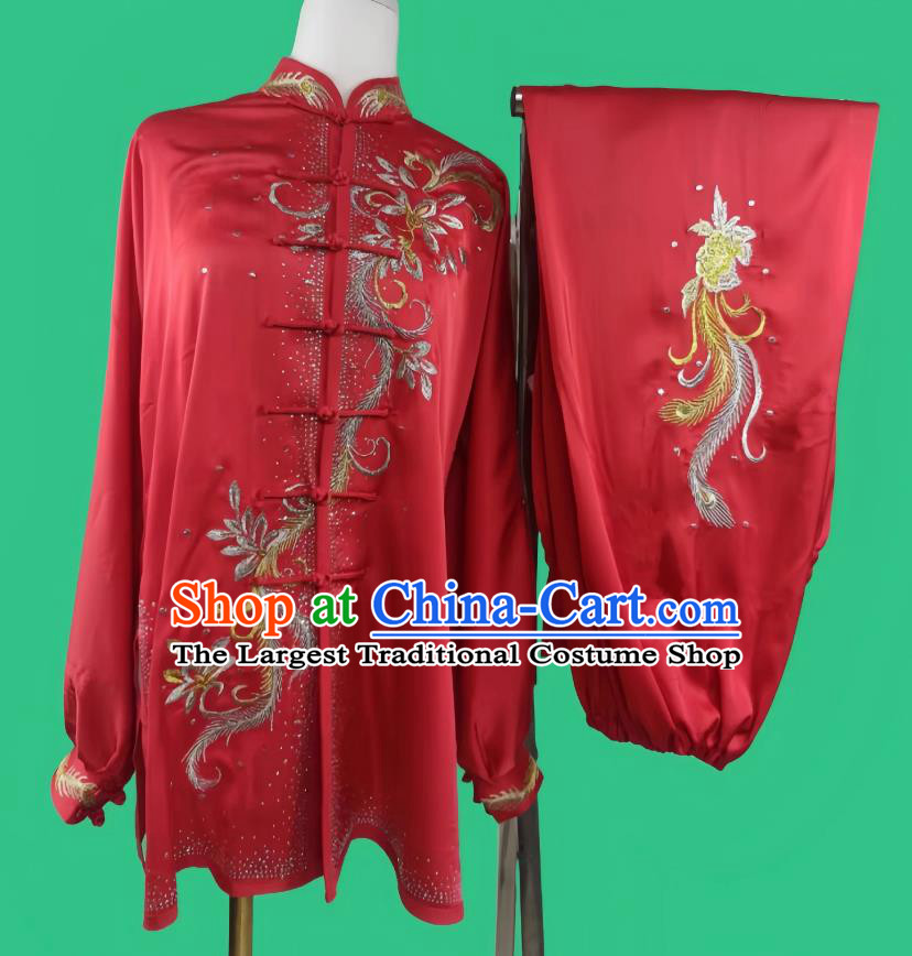 Red Gold Thread Embroidery Peacock Tai Chi Suit Chinese Kung Fu Competition Performance Costume