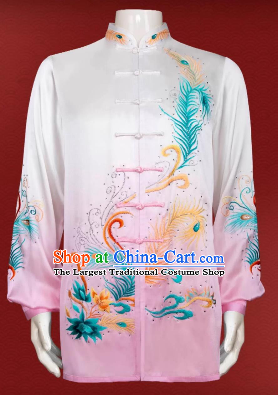 Martial Arts Performance Outfit Tai Chi Costume Embroidery Gradient Pink Competition Suit