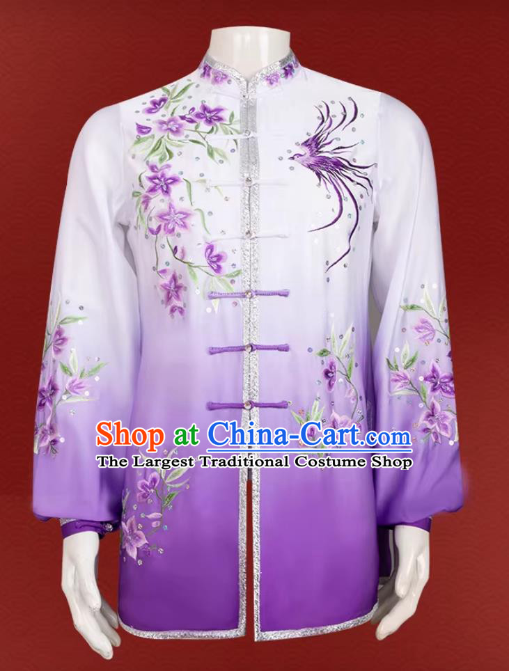 Chinese Tai Chi Performance Costume Embroidery Ba Duan Jin Suit Martial Arts Competition Purple Outfit
