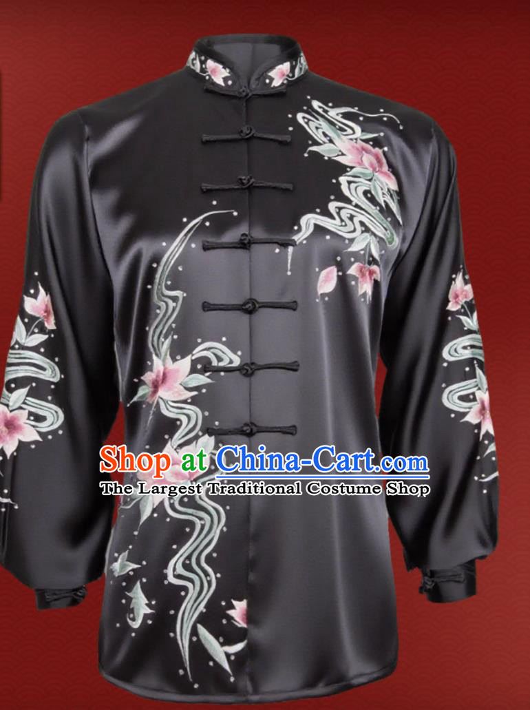 Embroidery Ba Duan Jin Competition Suit Martial Arts Black Outfit Chinese Tai Chi Performance Costume