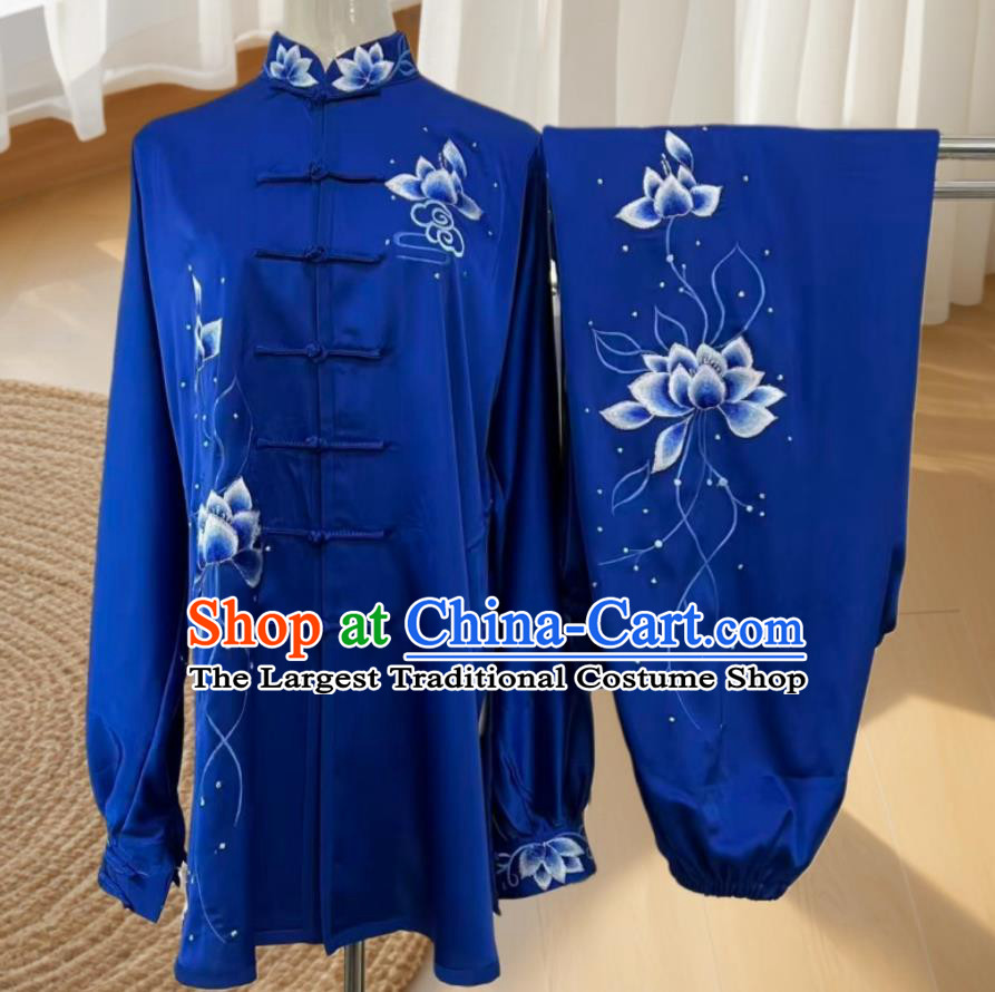 Embroidery Lotus Tai Chi Suit Martial Arts Competition Costume Taiji Performance Royal Blue Clothing