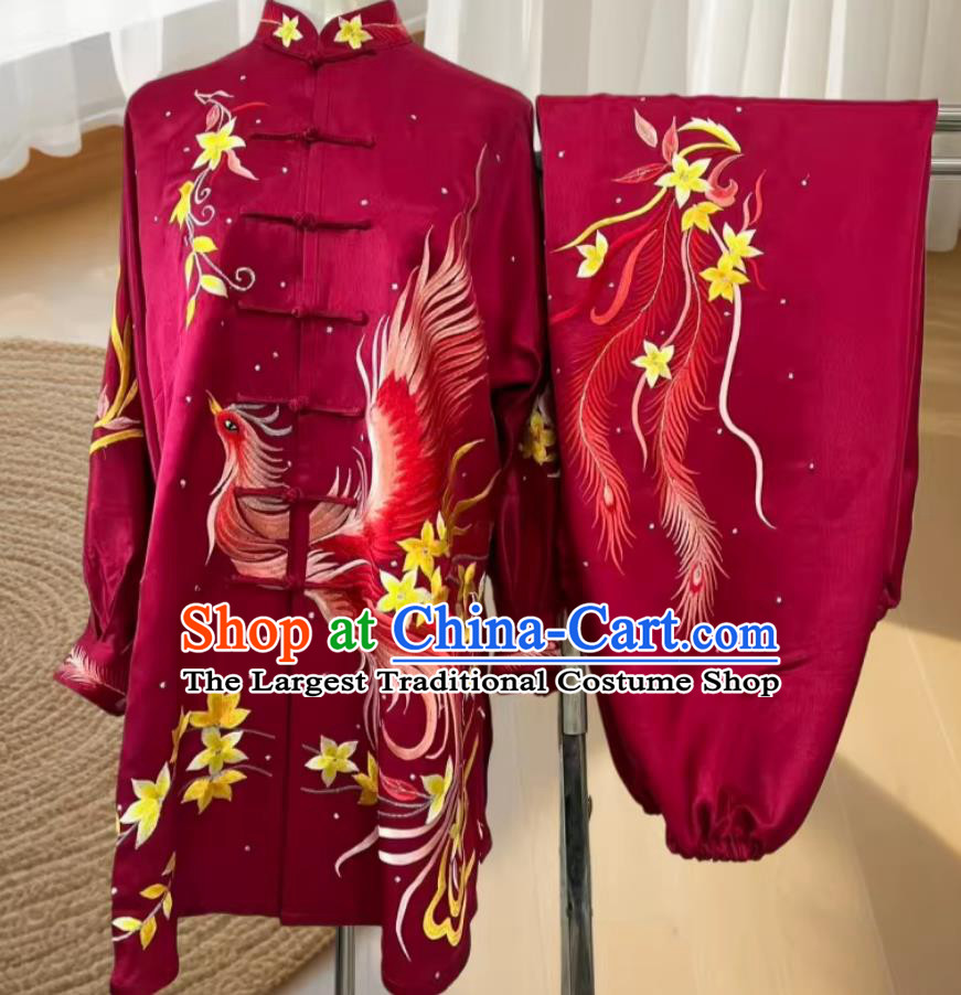 Wine Red Silk Embroidery Tai Chi Suit Martial Arts Costume Competition Performance Wear