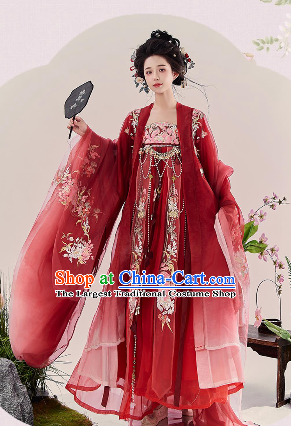 Heavy Embroidery Red Hanfu Tang Dynasty Wide Sleeve Blouse and Hezi Dress Complete Set