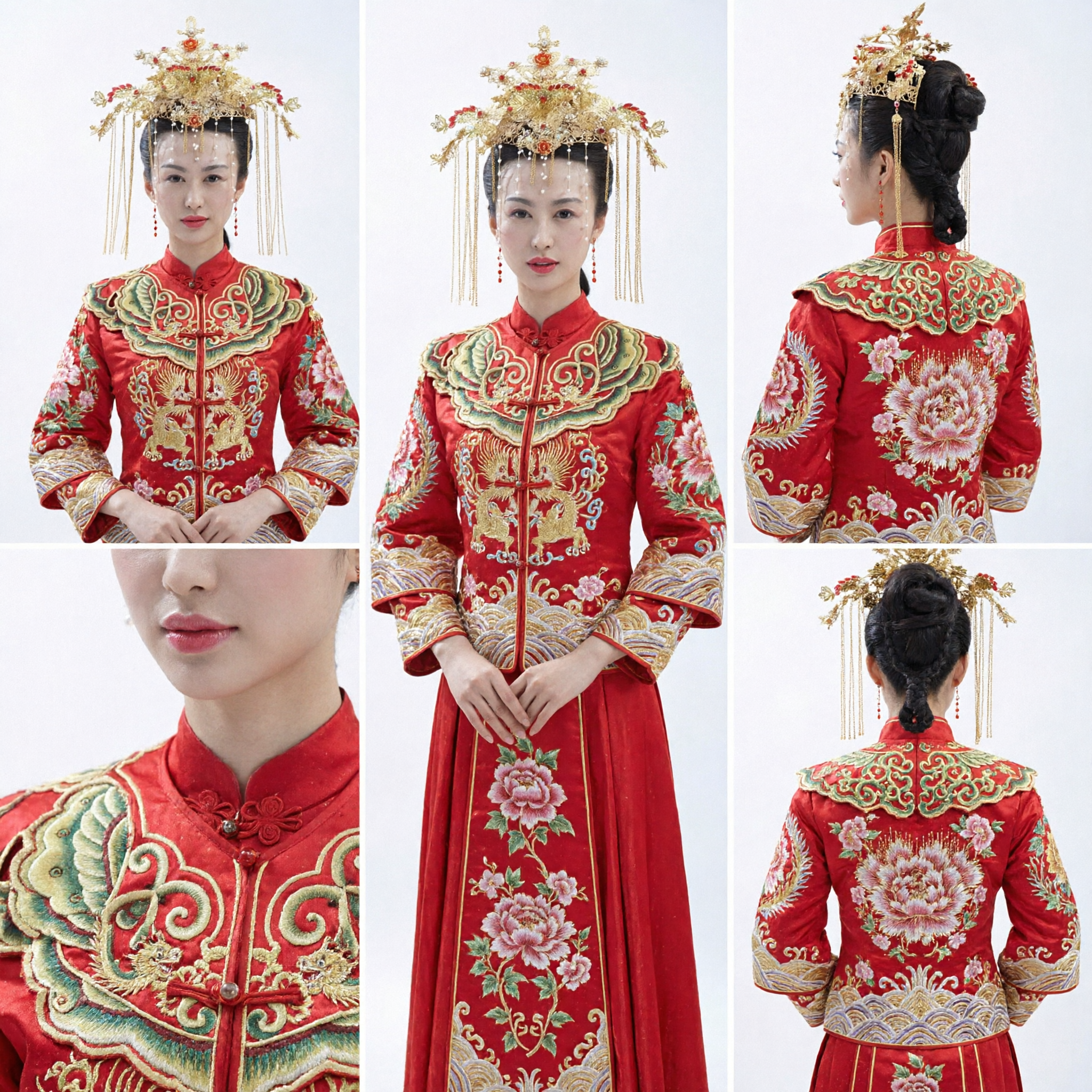 Exquisite Traditional Chinese Wedding Phoenix Crown Gold Hairpin Set with Pearls and Red Accents for Bride - Asian Costume
