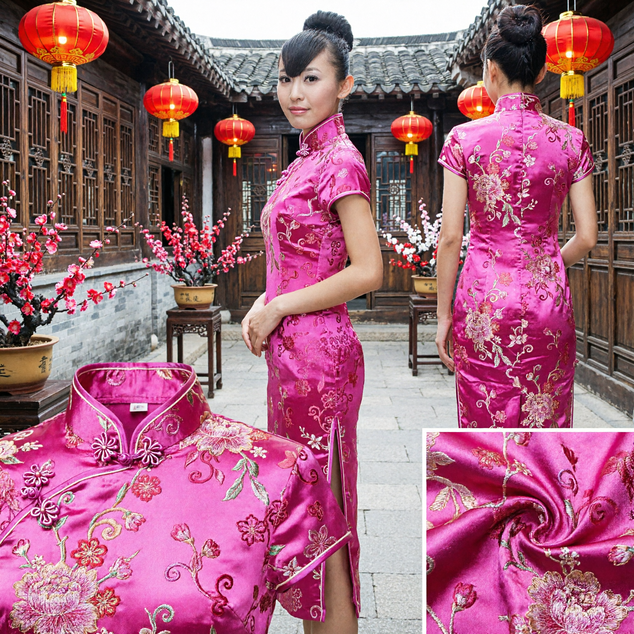Women's Bright Pink Short Cheongsam Dress Traditional Chinese Qipao Mini Skirt for Wedding Party - Asian Costume