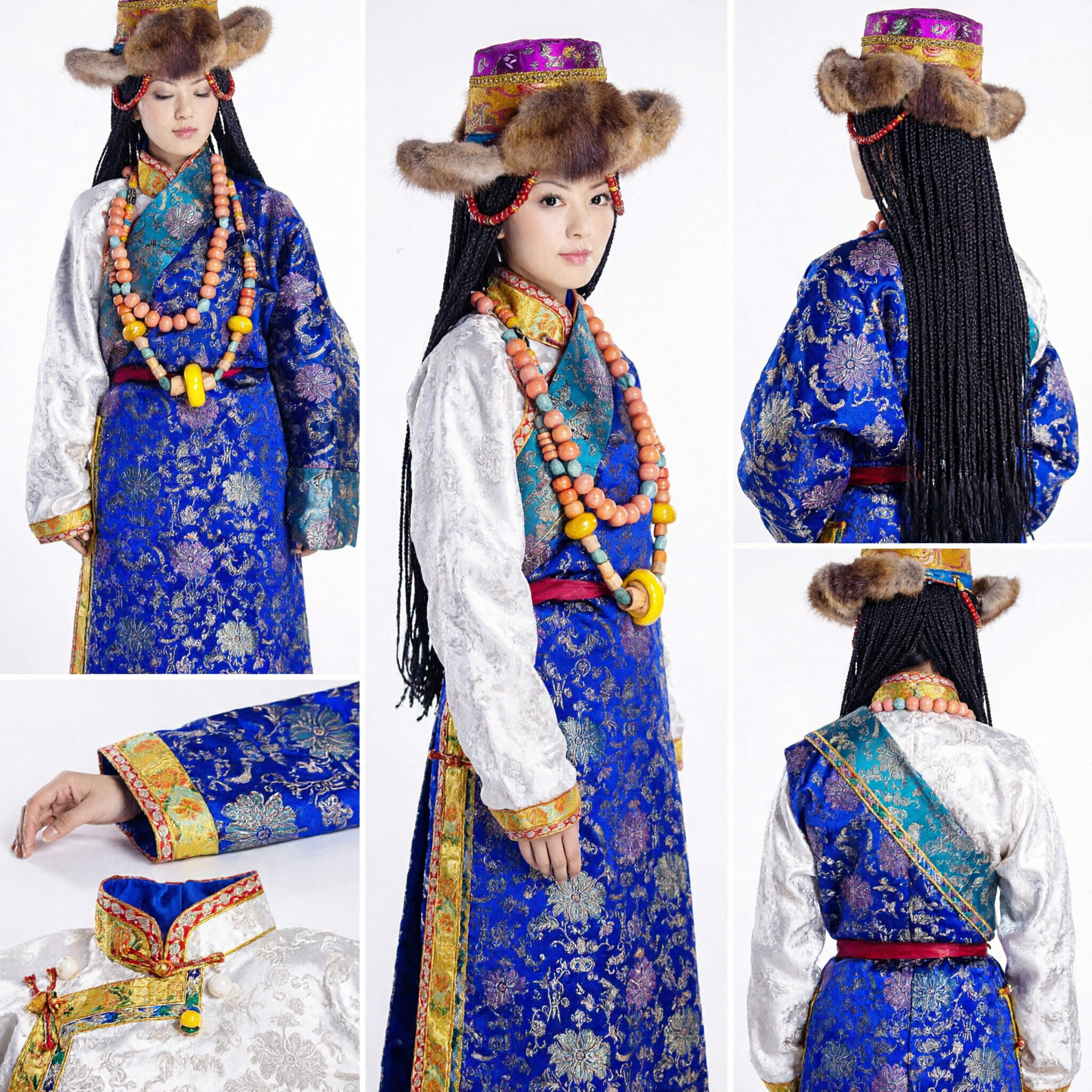 Traditional Tibetan Woman Costume Blue Silk Robe with Fur Hat and Jewelry Set for Dance Performance - Asian Costume