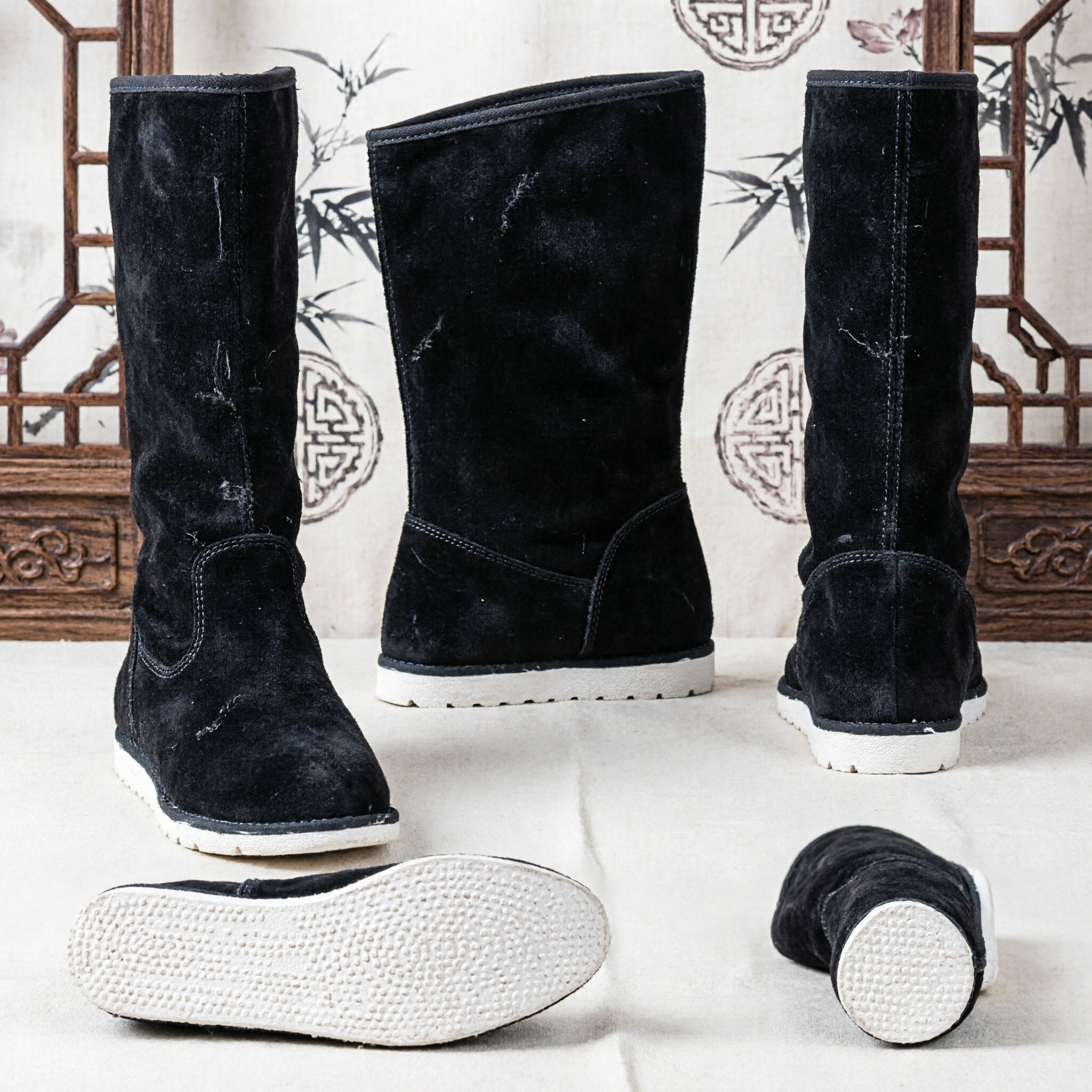 Traditional Chinese Black High Top Kung Fu Boots for Martial Arts Performance and Hanfu Cosplay Costume - Asian Costume