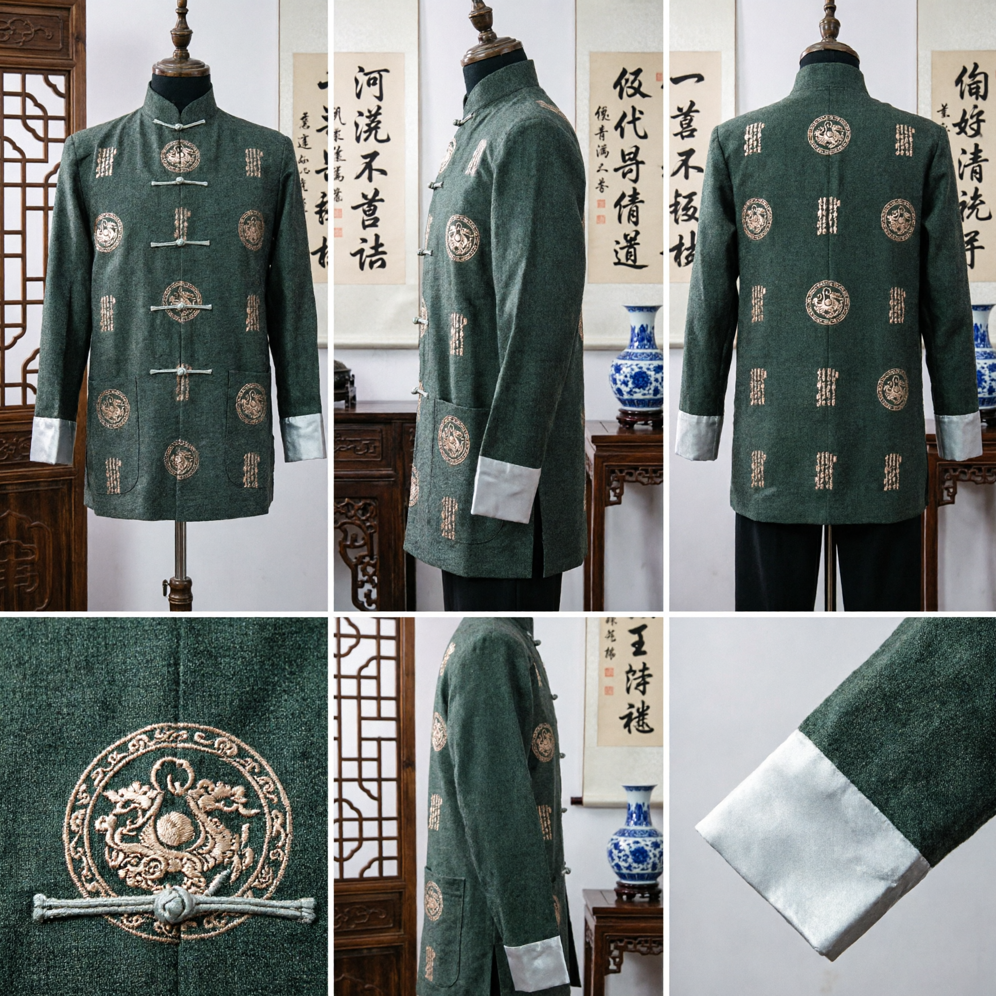 Men's Traditional Chinese Tang Suit Jacket Grey Mandarin Collar Kung Fu Tai Chi Uniform Dragon Embroidery - Asian Costume