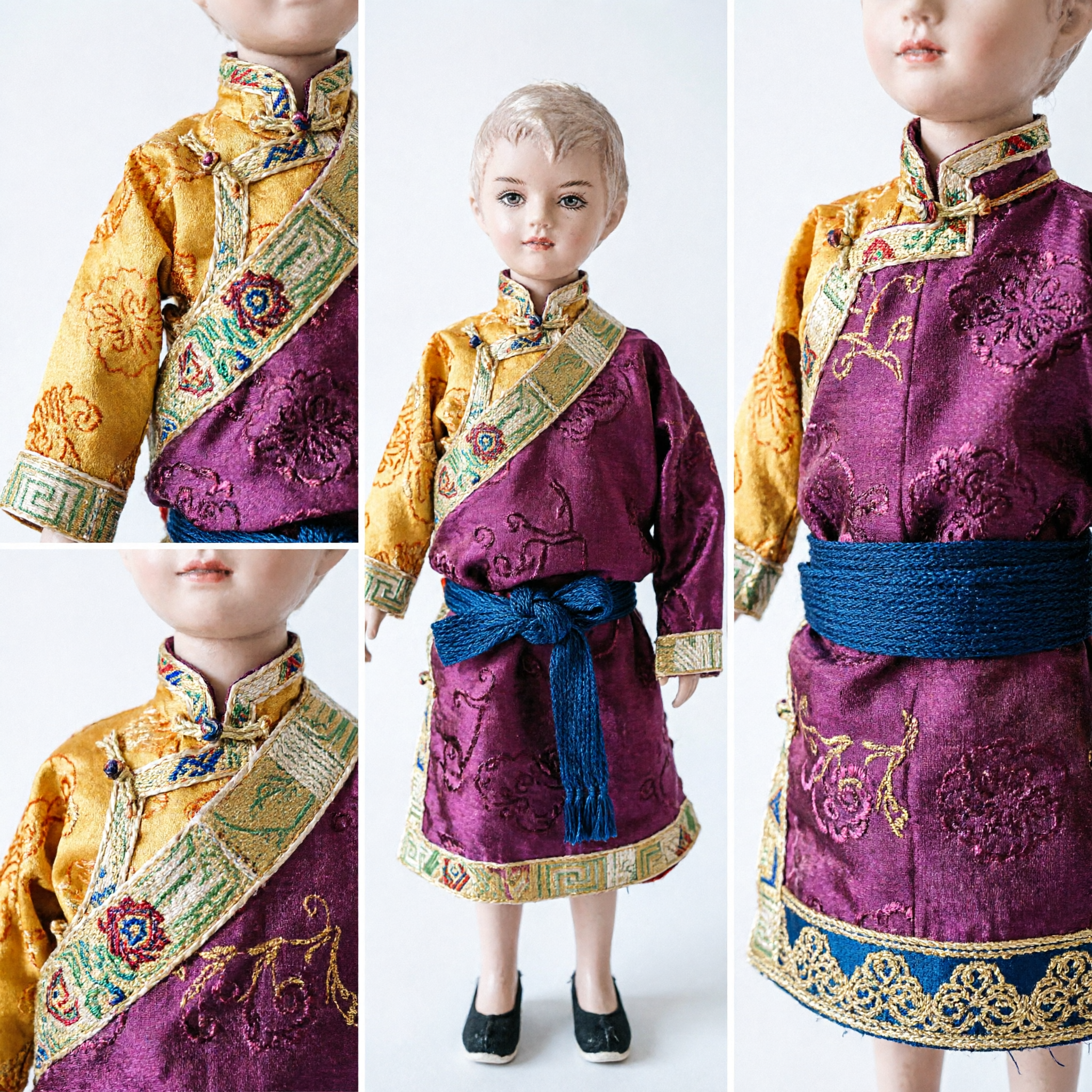 Kids Traditional Tibetan Brocade Chuba Dress Maroon Gold Long Sleeve Festival Costume for Boys Girls - Asian Costume