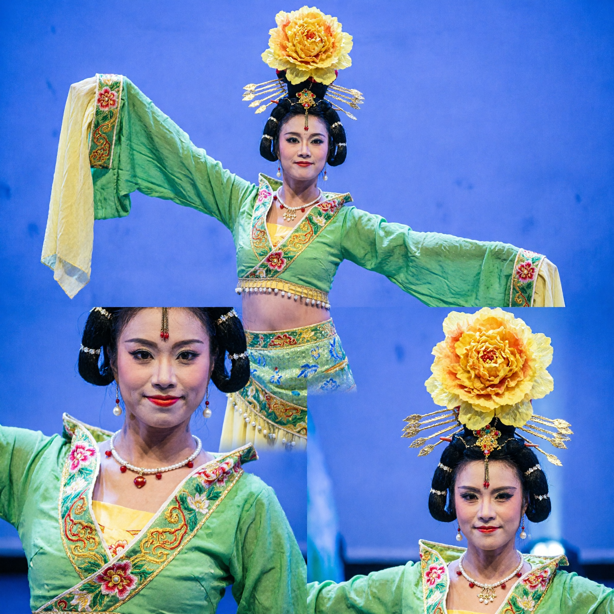 Traditional Chinese Classical Dance Costume Green Stage Performance Outfit for Women with Large Yellow Flower Headpiece - Asian Costume