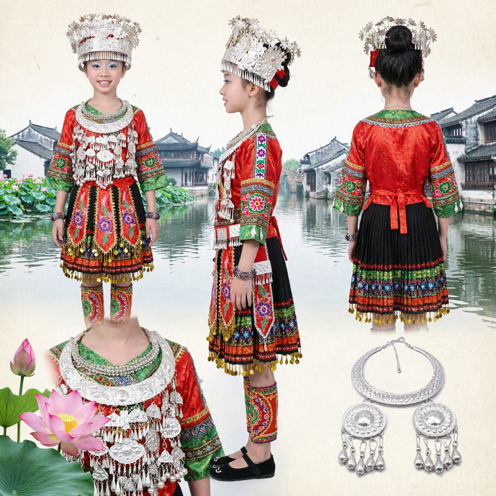Traditional Chinese Miao Ethnic Minority Costume Girls Folk Dance Performance Dress Complete Set with Silver Headdress - Asian Costume
