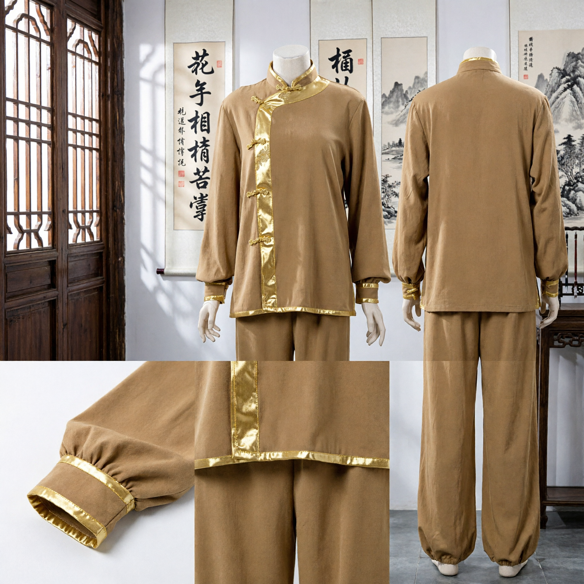 Luxury Gold Satin Traditional Chinese Kung Fu Uniform Tai Chi Martial Arts Suit for Men and Women - Asian Costume