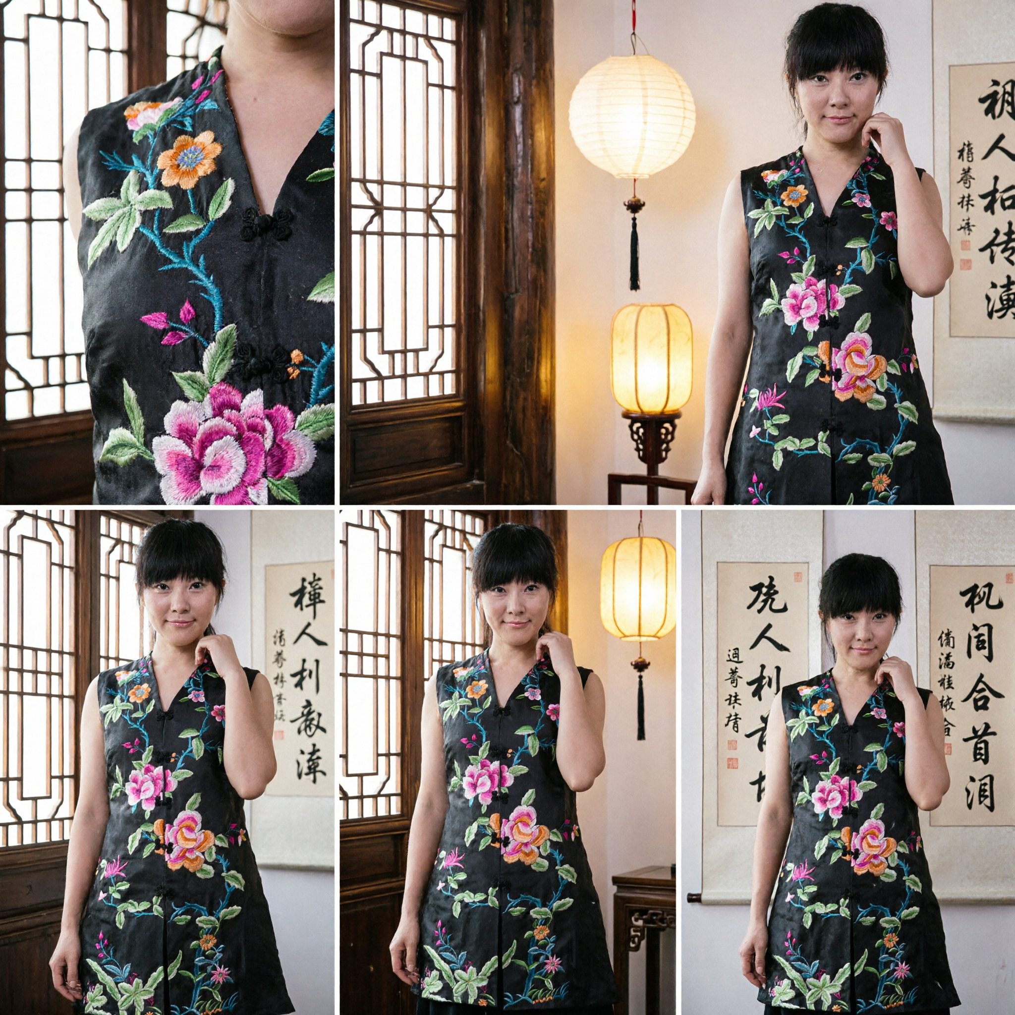 Elegant Black Silk Chinese Tang Suit Vest Women's Sleeveless Top with Traditional Peony Embroidery Design - Asian Costume