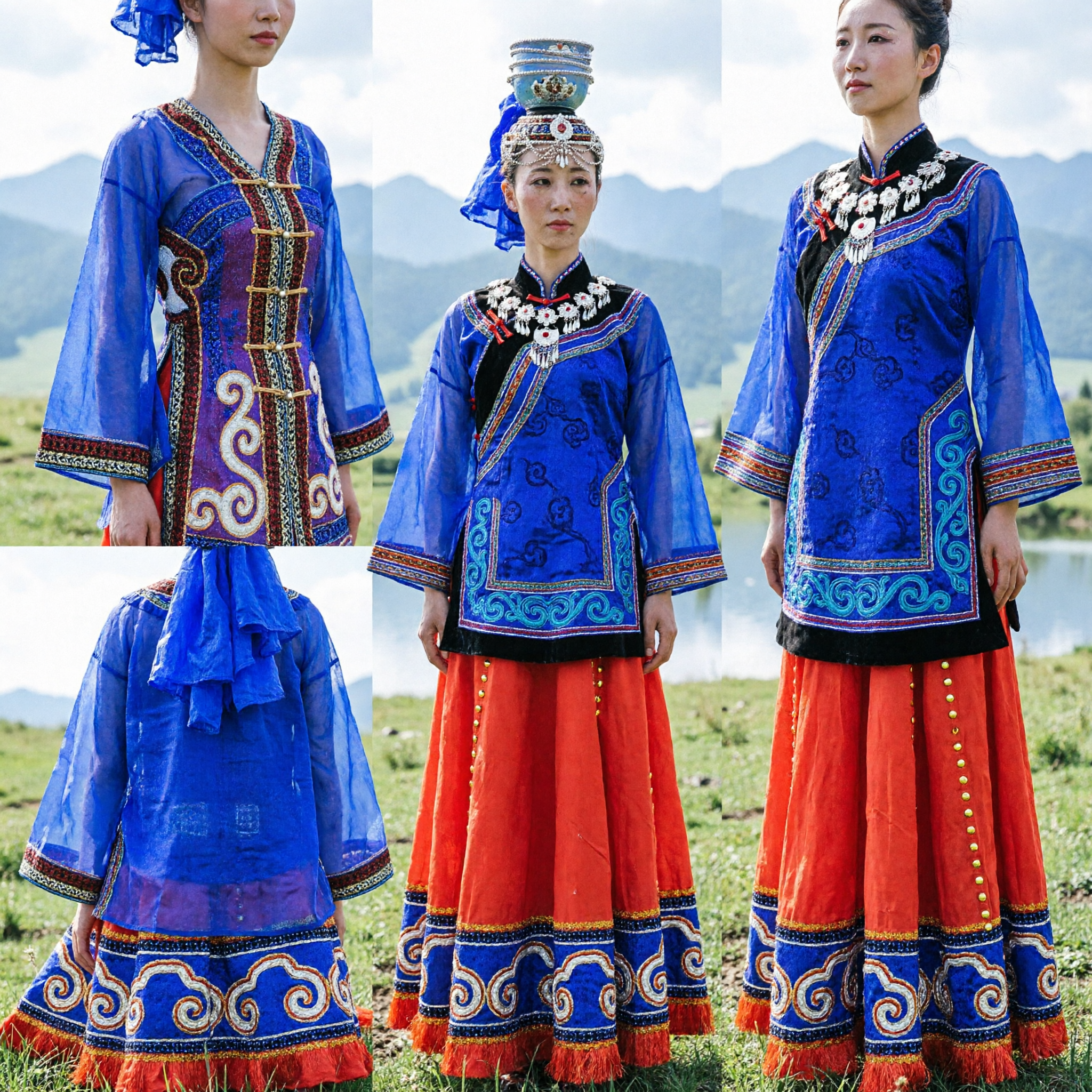 Traditional Mongolian Folk Dance Costume Women Blue Top Red Skirt Bowl Dance Performance Stage Outfit - Asian Costume