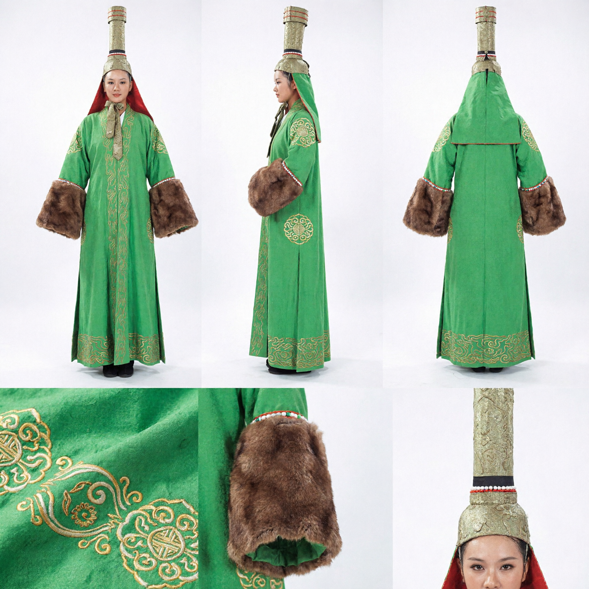 Traditional Chinese Green Scholar Costume with Tall Hat and Fur Cuffs for Stage Performance and Cosplay - Asian Costume