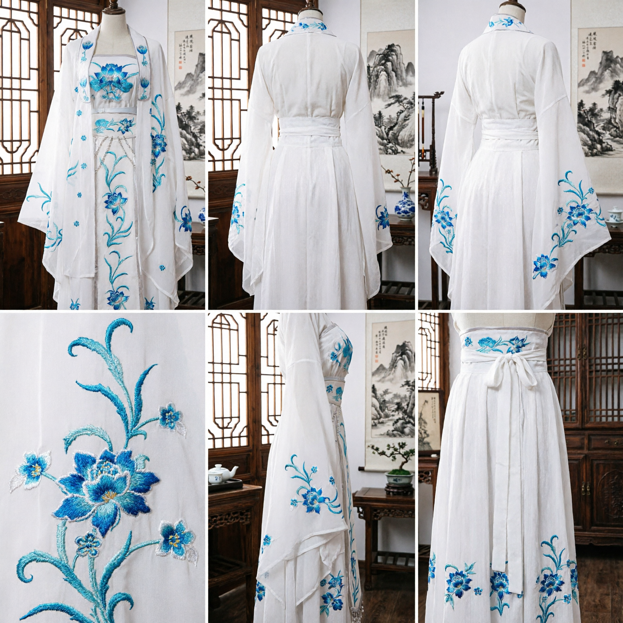 Chinese Traditional Hanfu Costume White and Blue Floral Embroidery Ancient Fairy Opera Dress for Stage Performance - Asian Costume